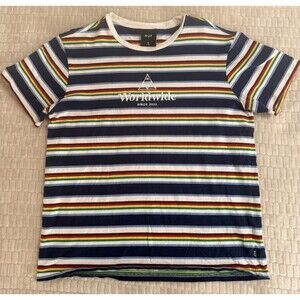 HUF Worldwide Striped T-Shirt Men’s M Multicolor Embroidered Logo Cotton